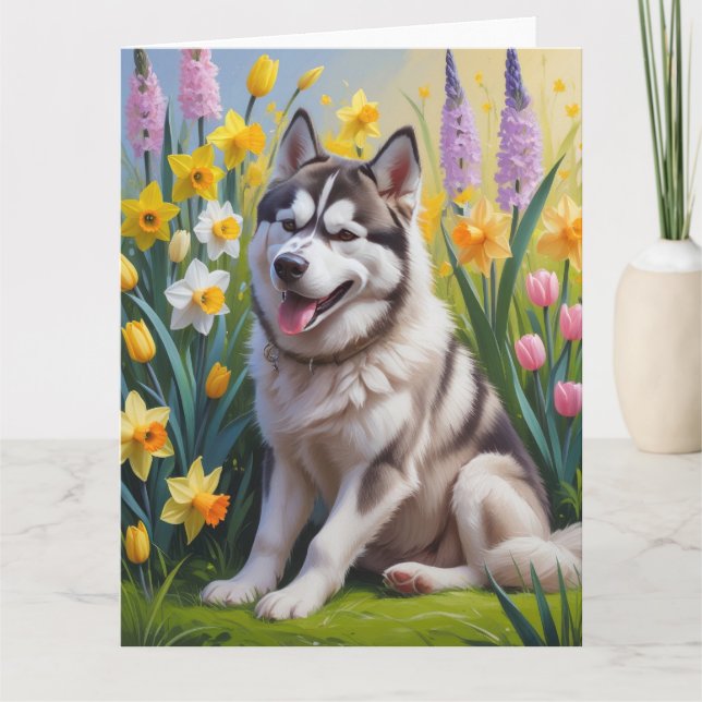 Cartão Pintura de Flores de Primavera do Cão Husky Siberi (Frente)