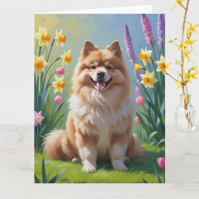 Cartão Pintura de Flores de Primavera do Cão Keeshond (Flor Amarela)