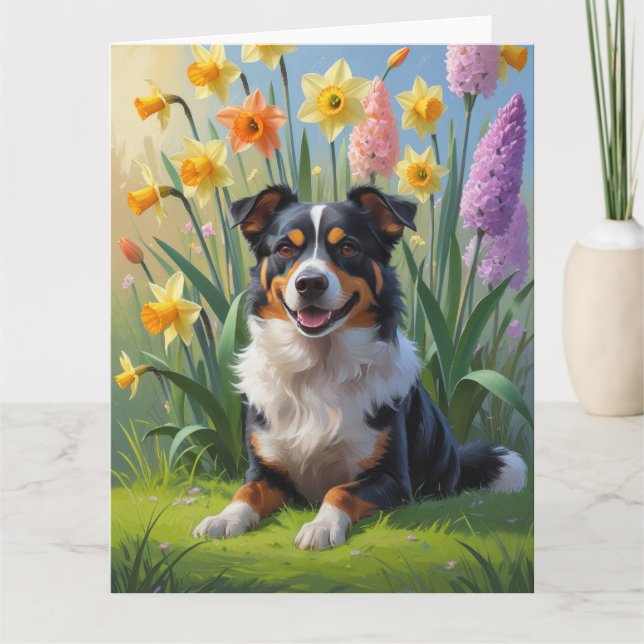 Cartão Pintura de Flores de Primavera do Cão Kelpie Austr (Frente)