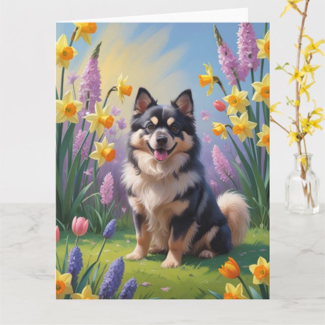 Cartão Pintura de Flores de Primavera do Cão Lapphund Fin (Flor Amarela)