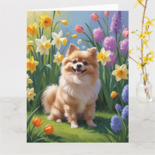 Cartão Pintura de Flores de Primavera do Cão Pomerânia