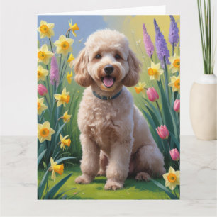 Cartão Pintura de Flores de Primavera do Cão Poodle