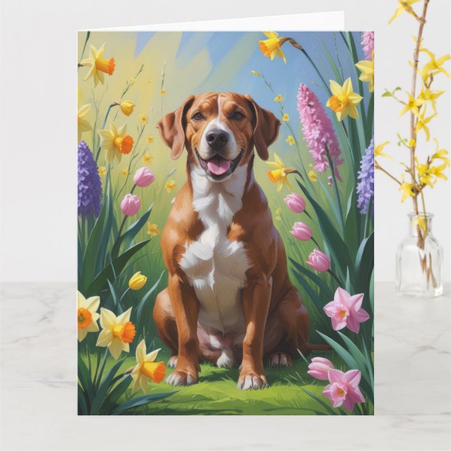Cartão Pintura de Flores de Primavera do Cão Rhodesian Ri (Flor Amarela)