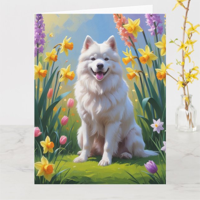 Cartão Pintura de Flores de Primavera do Cão Samoyed  (Flor Amarela)