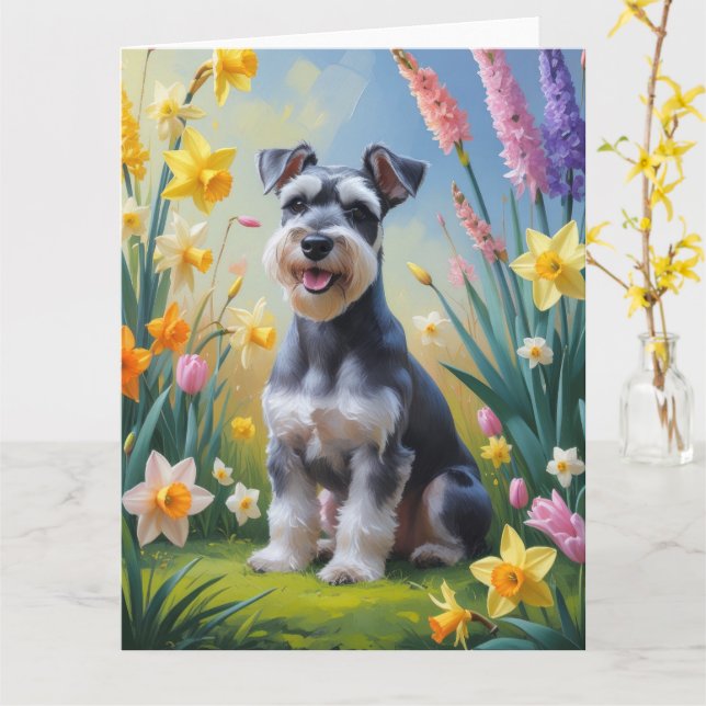 Cartão Pintura de flores de primavera do cão Schnauzer  (Flor Amarela)