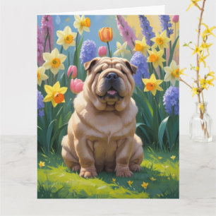 Cartão Pintura de Flores de Primavera do Cão Shar Pei