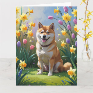 Cartão Pintura de Flores de Primavera do Cão Shiba Inu