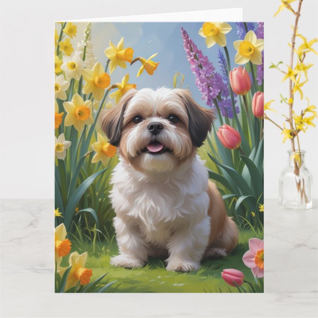 Cartão Pintura de Flores de Primavera do Cão Shih Tzu (Flor Amarela)