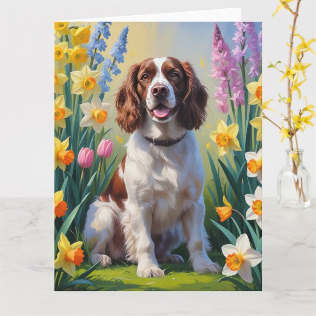 Cartão Pintura de flores de primavera do cão Springer Spa (Flor Amarela)