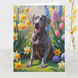 Cartão Pintura de Flores de Primavera do Cão Weimaraner