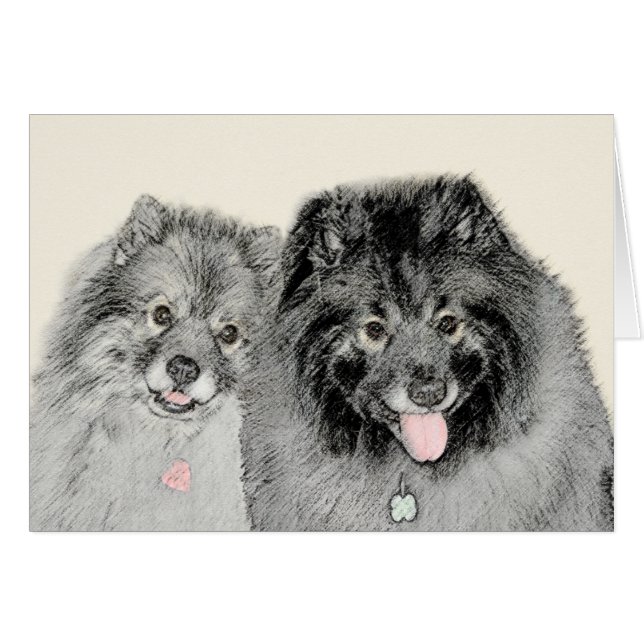 Cartão Pintura de Keeshond, Mãe e Filho - Arte Original d (Frente Horizontal)