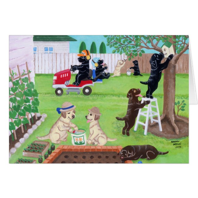 Cartão Pintura de Labradors do divertimento de domingo (Frente Horizontal)