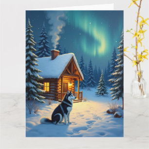 Cartão Pintura de Natal de Cabana Nevada com Husky Siberi