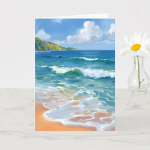 Cartão Pintura em Aquarela de Ondas Azuis Costeiras do Oc