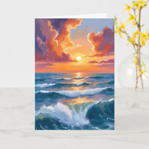 Cartão Pintura em Aquarela do Mar Brilhante ao Pôr do Sol