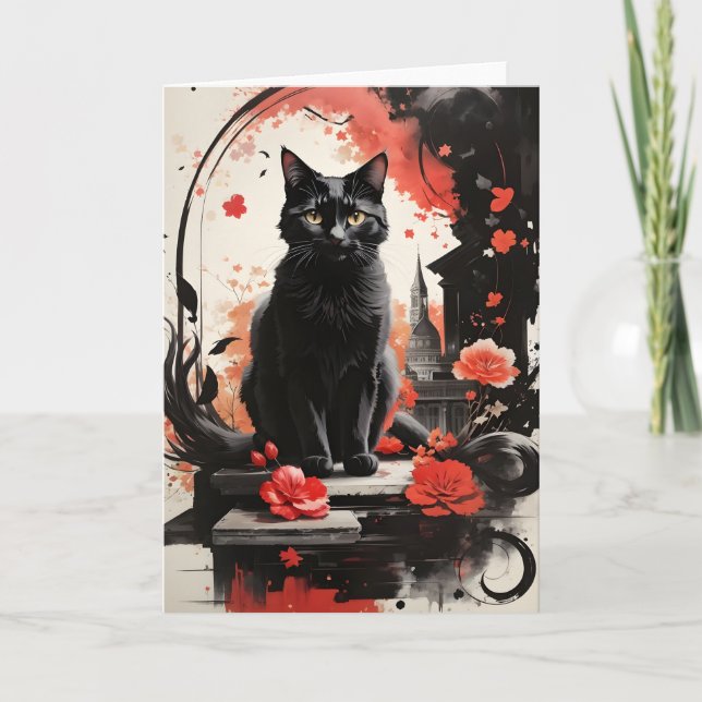 Cartão Pintura em aquarela gato preto respingo arte flore (Frente)