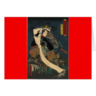 Cartão Pintura japonesa antiga, samurai com sapo