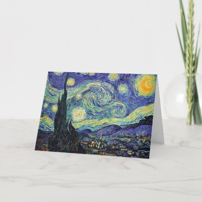 Cartão Pintura Noturna Estrelada Azul Amarelo por van Gog (Frente)