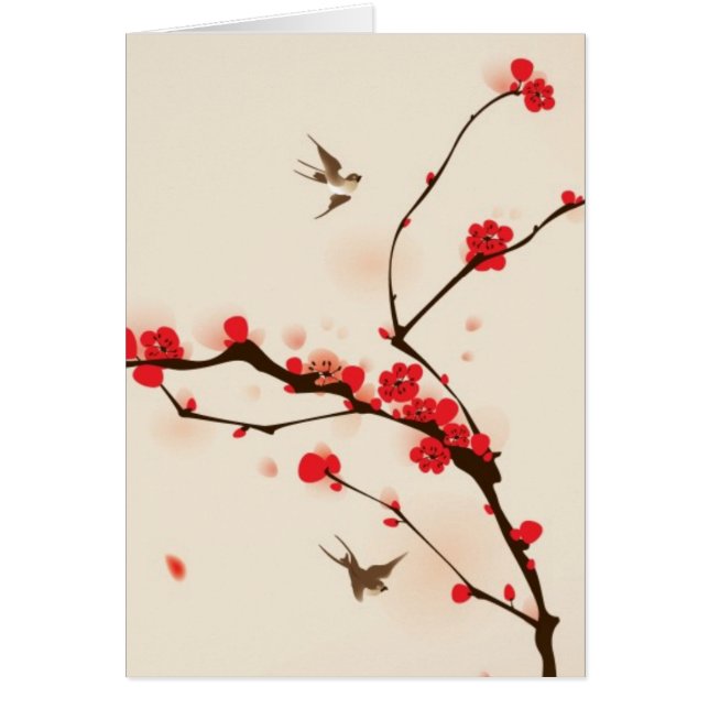 Cartão Pintura oriental do estilo, flor da ameixa no (Frente)