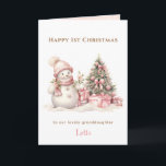 Cartão Pintura Rosa Vintage Snowman Garota Primeiro Natal<br><div class="desc">Cartão dobrado de Natal com um bonitinho vintage bonitão de neve rosa para bebês e meninas. Dentro cor-de-rosa nevado. Personalize facilmente o texto - Kate Eden Art.</div>