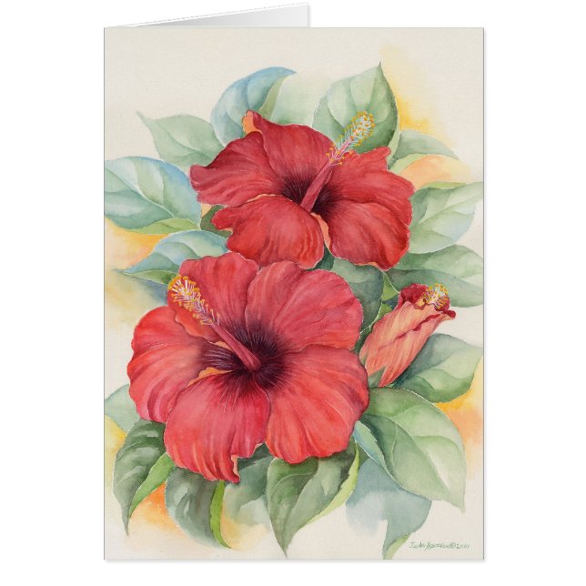 Cartão Pintura tropical da flor do hibiscus vermelho - (Frente)