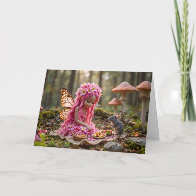 Cartão Piquenique rosa-branca e piquenique com rato (Frente)