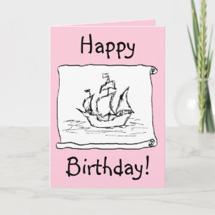 Cartão Pirate Ship Galleon! Pink Birthday Card. Custom