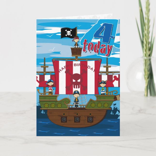 Cartão Pirate Ship Scene 4th Birthday Card (Frente)