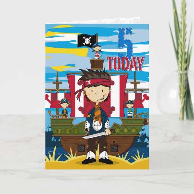 Cartão Pirate Ship Scene 5th Birthday Card (Frente)