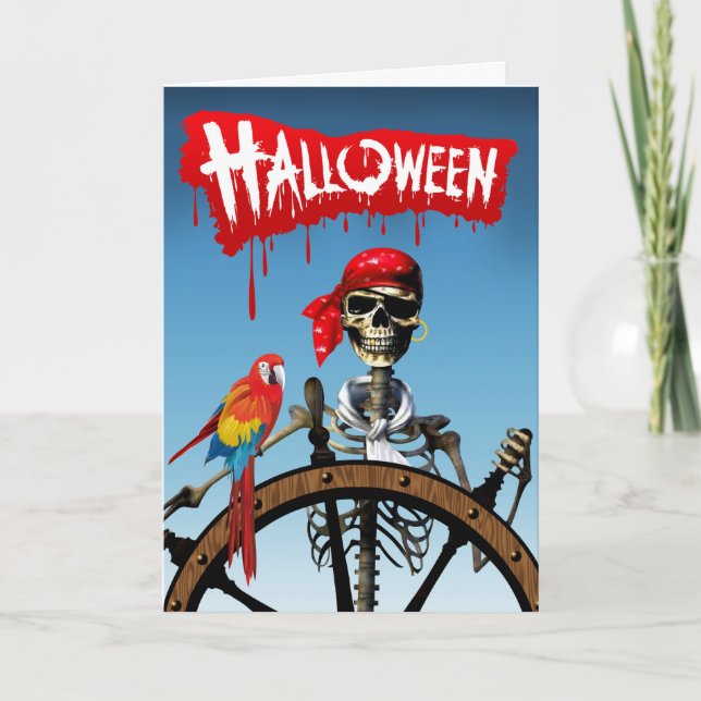 Cartão Pirate Skeleton Sailor with Macaw Halloween Party (Frente)