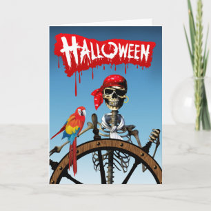 Cartão Pirate Skeleton Sailor with Macaw Halloween Party