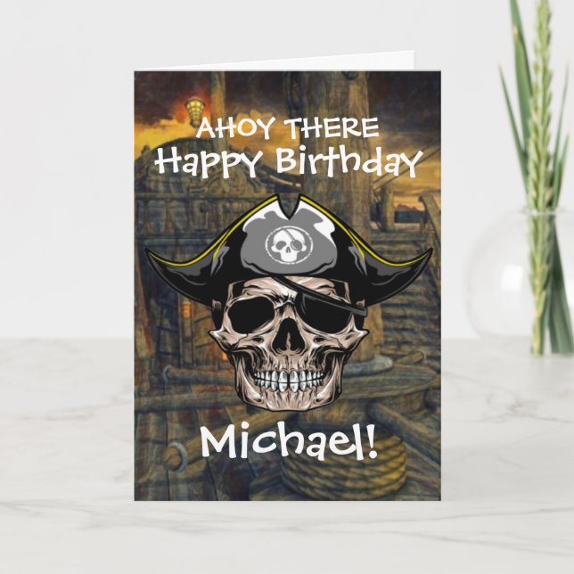 Cartão Pirate Swashbuckling Skull Birthday (Frente)