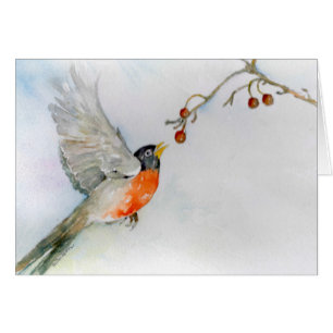 Cartão Pisco de peito vermelho em vôo