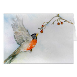 Cartão Pisco de peito vermelho em vôo