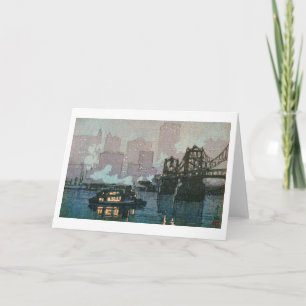 Cartão Pittsburgh à noite, Hiroshi Yoshida, Woodcut