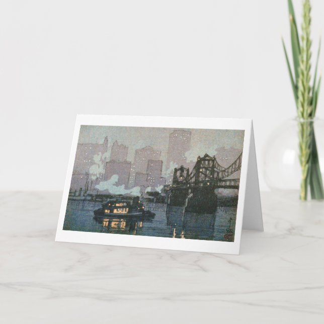 Cartão Pittsburgh à noite, Hiroshi Yoshida, Woodcut (Frente)