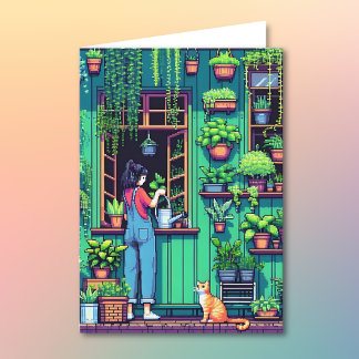 Cartão Pixel Art Plant Lover Aniversário | Página de Colo