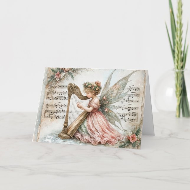 Cartão Pixie Fairy de Natal tocando harpa (Frente)