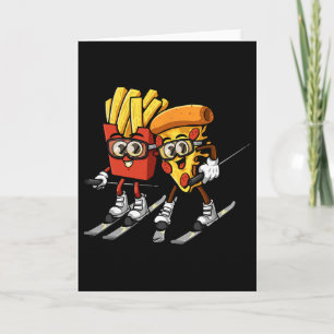 Cartão Pizza Batata Frita Esqui Engraçado Esquiador Comid