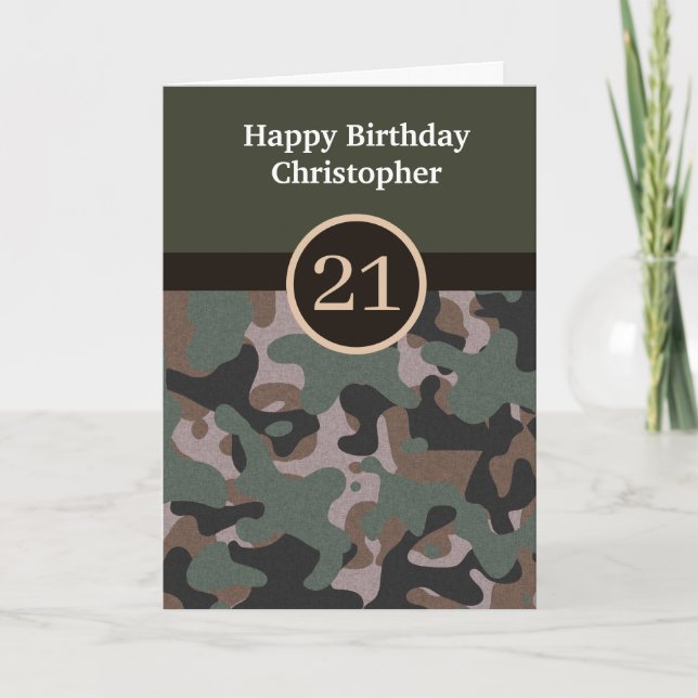 Cartão Placa aniversário de 21 anos de Camouflage Verde (Frente)