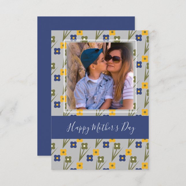 Cartão Placa azul Floral Simples de Dia de as mães Feliz (Frente/Verso)