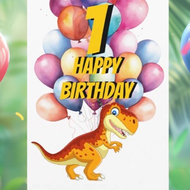 Cartão Placa Balões de primeiro aniversario Dourado do Di (Celebrate your little one's first birthday with our adorable T-Rex gold balloon card!)