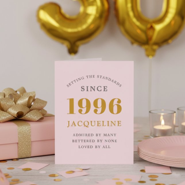 Cartão Placa Chic Elegante Rosa 1996 com Nome de aniversá (30th birthday 1996 personalized pink and gold greeting card)