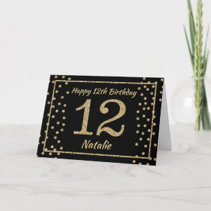 Cartão Placa Confetti 12 Birthday Black e Dourada Glitter