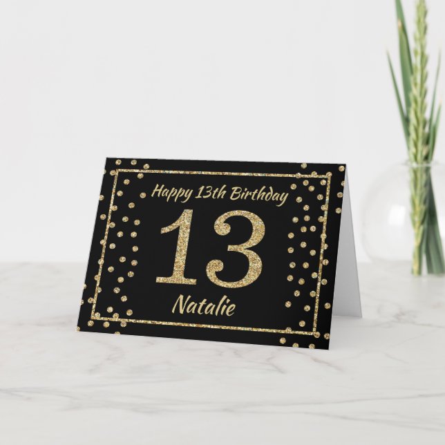 Cartão Placa Confetti 13 Birthday Black e Dourada Glitter (Frente)