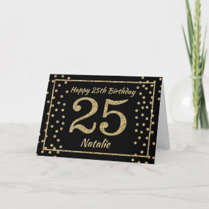 Cartão Placa Confetti 25 Birthday Black e Dourada Glitter