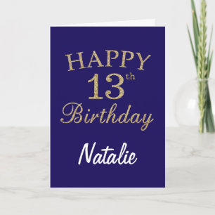 Cartão Placa de aniversário de 13 azul e Dourada brilhan