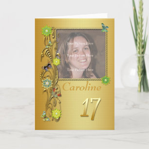 Cartão Placa de aniversário de 17° ouro Garden