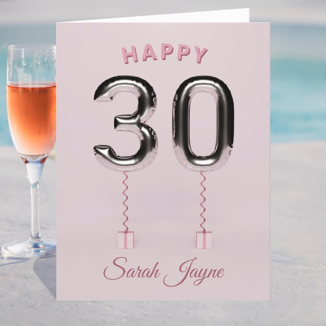 Cartão Placa de aniversário de 30 anos Feliz (A pretty pink and silver large 30th Birthday Card. Just add a name and personal greeting inside)