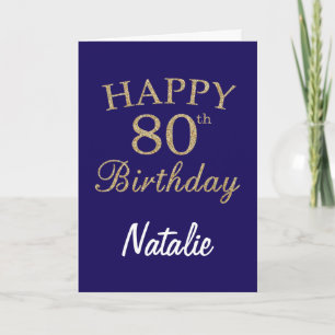 Cartão Placa de aniversário de 80 azul e Dourada brilhan